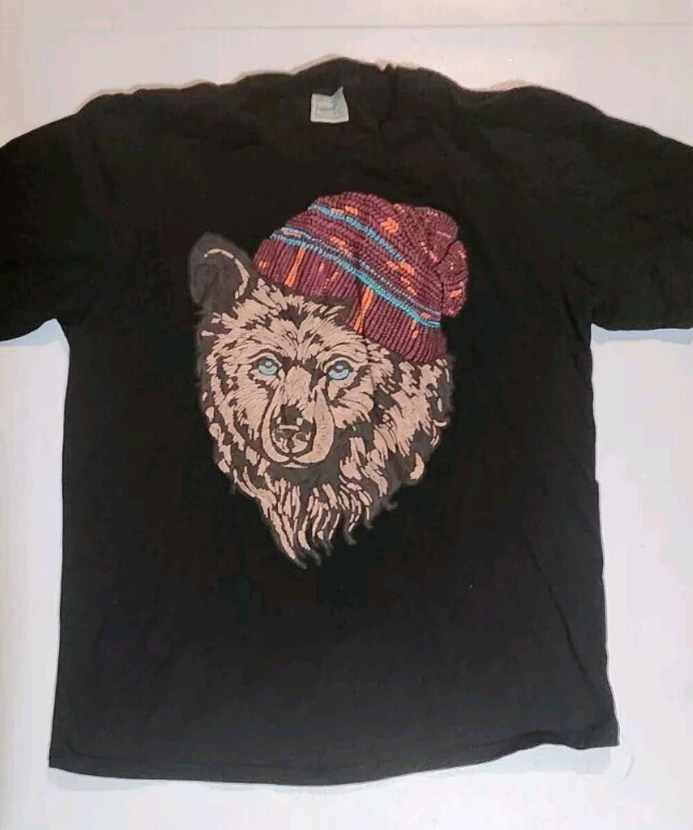 T-Shirt Unisex Bear with Beanie Hipster T Shirt Shirt Sleeve Black Size XL